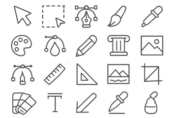Collection of line art design tools and icons showcasing creative elements and graphic design essentials