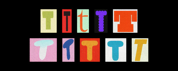 Bold letter T collection in varied styles, magazine collage on black
