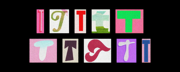 Bold letter T collection in varied styles, magazine collage on black
