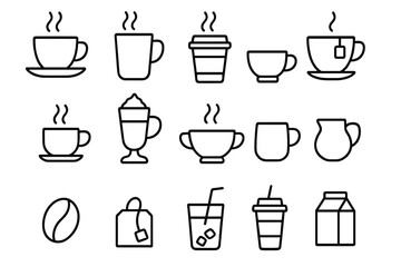 Creative collection of beverage icons showcasing various cups, drinks, and coffee-related items in simple line art style