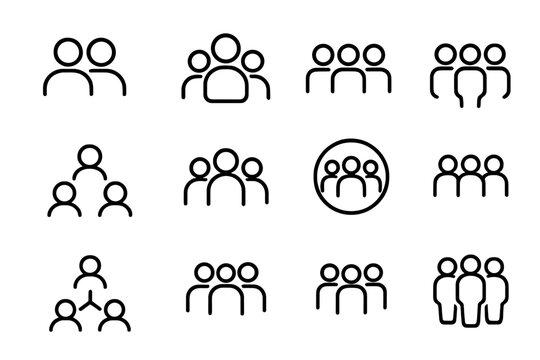 Different icons representing groups of people in various arrangements and formations with simple line designs