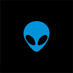 Fototapeta premium Minimalist blue alien head vector icon on black background, symbolizing extraterrestrial life, sci-fi, cosmos, and UFO concepts