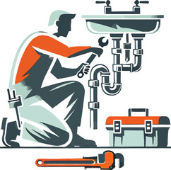 Plumber fixing sink pipes with wrench and toolbox vector