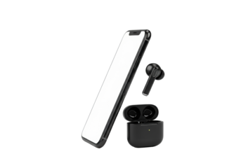 Pristine black smartphone with blank white screen, earbud alongside, 45-degree angle on a transparent background with even studio light, concept for modern tech advertising