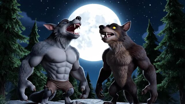 Werewolf Howl at Full Moon - Two muscular cartoon werewolves stand side-by-side howling at a full moon in a dark forest. The creatures appear to be angry and aggressive.