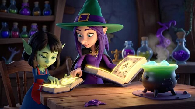 Witches Brewing Potions - Two cartoon witches are working together in a potion lab. They're reading spellbooks that glow with a bright yellow light as a cauldron of bubbling green brew sits nearby.