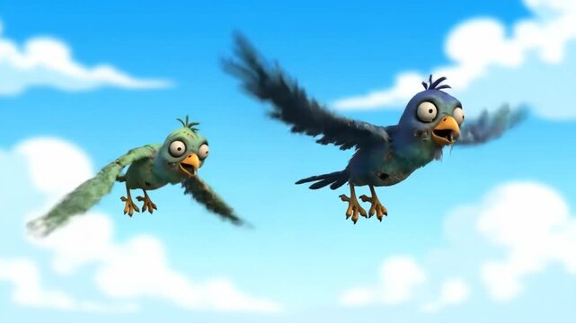 Cartoon Birds Flying in Blue Sky - This animated video shows two cartoon birds flying against a clear blue sky with fluffy white clouds. The birds appear to be zombie-like, with quirky expressions.