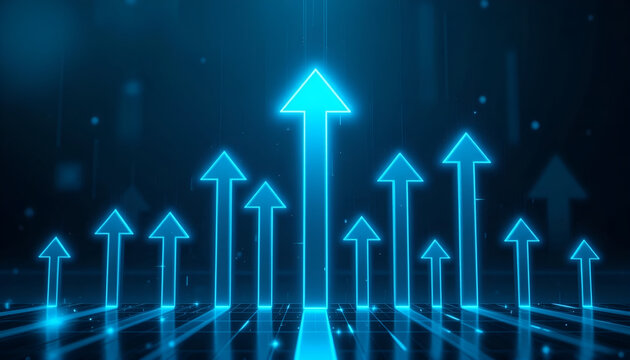 Array of Glowing Blue Neon Arrows Pointing Upward for Growth