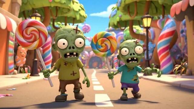 Zombie Kids with Lollipops in Candy Land - Two cartoon zombie kids are walking down a candy-themed street, each holding a colorful lollipop.