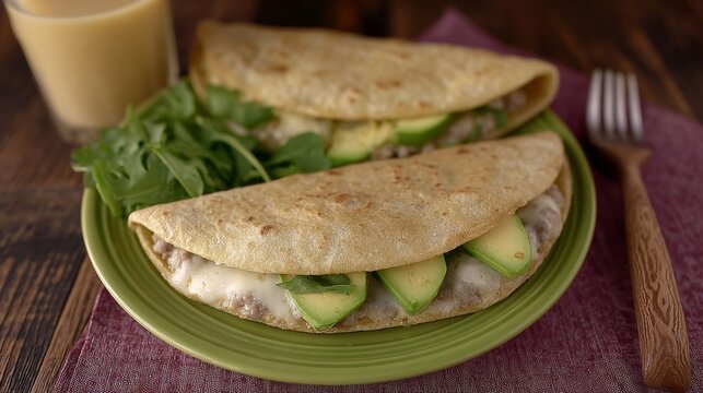 Honduran baleadas flour tortilla with beans, cheese, and cream folding over avocado slices on a plate