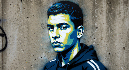 Street art portrait of a young man with hooded sweatshirt