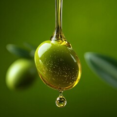 Olive oil drop falling from an olive, highlighting its fresh and useful nature for cooking and health
