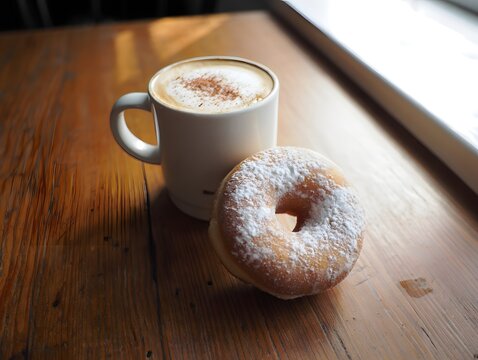 Warm coffee and sweet powdered donut on a wooden table