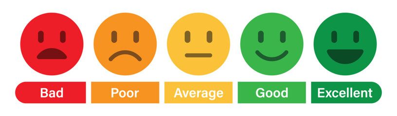 Feedback Rating emoji bad, poor, average, good excellent scale vector illustration.