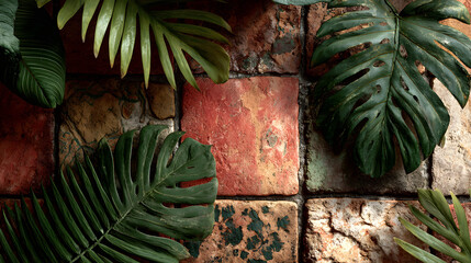 Tropical Leaves Flatlay Pattern on Textured Tiles