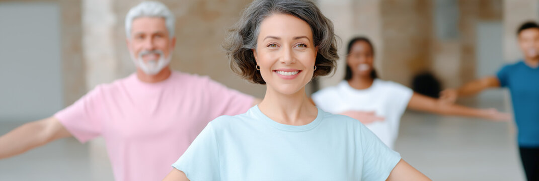 Smiling woman in light blue shirt leading diverse group in light exercise or wellness class indoors