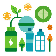 Illustrate icons representing eco-friendly products like reusable bottles, eco bags, and solar panels, with a white background.