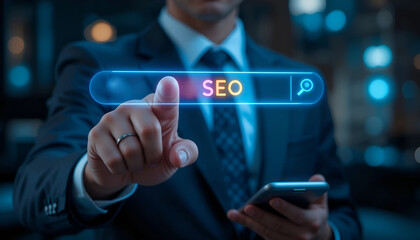 Businessman Tapping Glowing SEO Search Bar for Digital Strategy