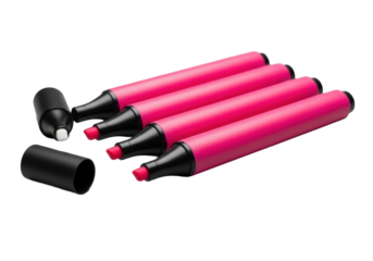 Three vibrant pink highlighter pens with matte black caps, one revealing its white felt tip, neatly arranged on a seamless transparent background. Professional product presentation