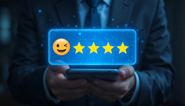 Winking Emoji and Four-Star Rating on Digital Customer Review Screen - Powered by Adobe