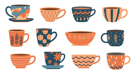 A collection of twelve decorative ceramic mugs and teacups with unique patterns.