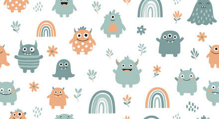A cheerful collection of adorable and quirky little monster friends in soft pastel colors.