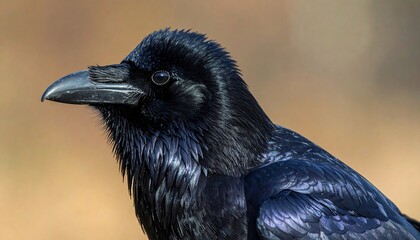 Close-up of a raven's head.  Sharp focus on plumage