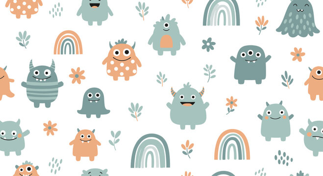Fototapeta A cheerful collection of adorable and quirky little monster friends in soft pastel colors.