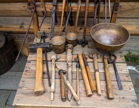 Antique blacksmith tools on a wooden workbench