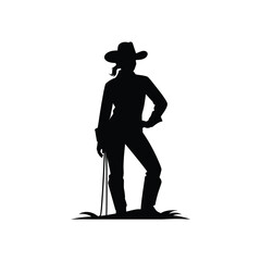 Silhouette of a standing woman in a cowboy hat with a stick