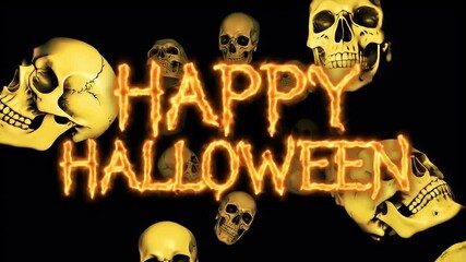 Fiery "Happy Halloween" Title Surrounded by Spinning and Laughing Skulls - Powered by Adobe