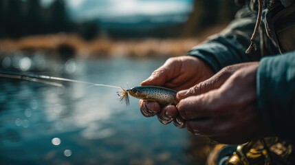 Fisherman handles freshly caught trout by a serene river during a sunny afternoon in nature
