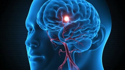 Medical illustration of the human brain with a glowing focal point indicating activity or a neurological condition.