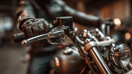 Motorcycle ride preparation with a close-up of a rider's hand gripping the handlebars in a garage setting