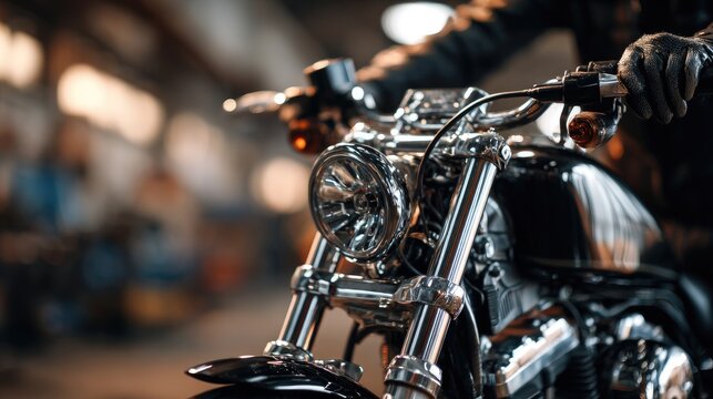 Close-up view of a motorcycle being prepared for a ride in a workshop during the afternoon