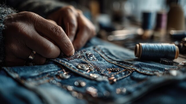 Crafting detailed embroidery on denim, showcasing creativity and skill in a cozy workspace