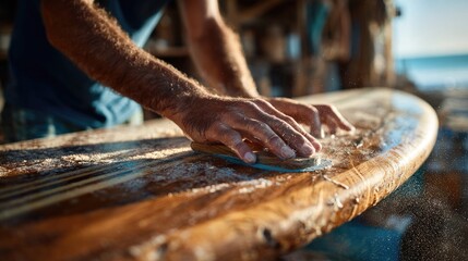 Crafting a surfboard on a sunny day at the beach with hands focused on sanding the wood