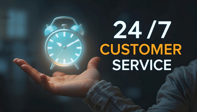 Hand Holding Glowing 24/7 Customer Service Clock with Blue Neon Light