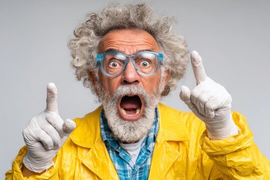 An enthusiastic senior scientist wearing safety glasses and a yellow lab coat raises his hands to emphasize a groundbreaking idea, on a neutral background