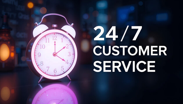 Bright 24/7 Customer Service Clock with Pink Neon Glow on Dark Background