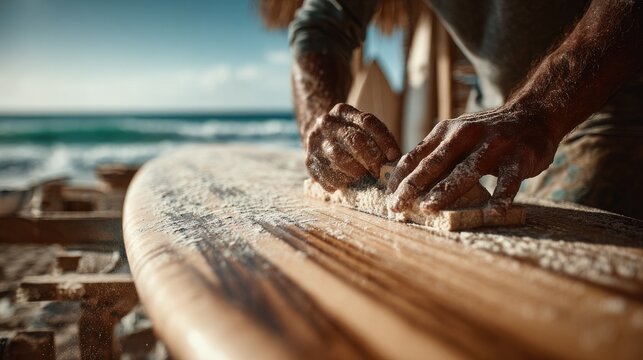Crafting a surfboard at the beach with focus on woodworking and skillful hands in bright sunlight
