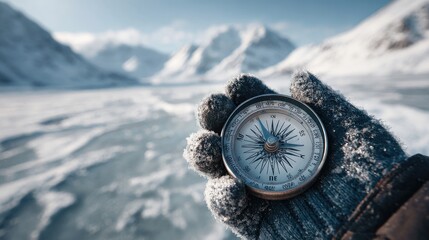 Snow-covered landscape features a person holding a compass near a frozen lake in the mountains during winter