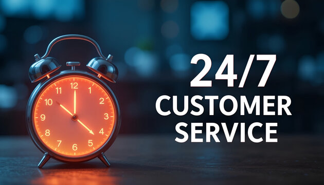 Illuminated 24/7 Customer Service Clock on Dark Corporate Background
