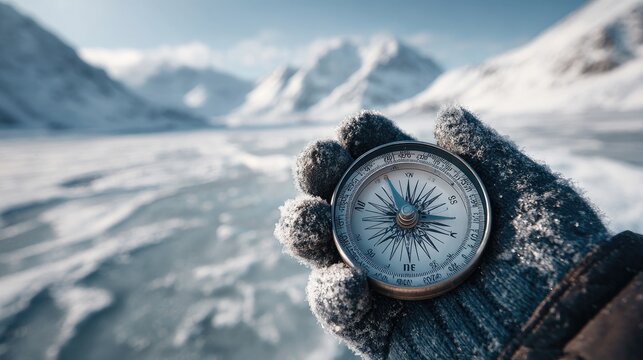 Snow-covered landscape features a person holding a compass near a frozen lake in the mountains during winter