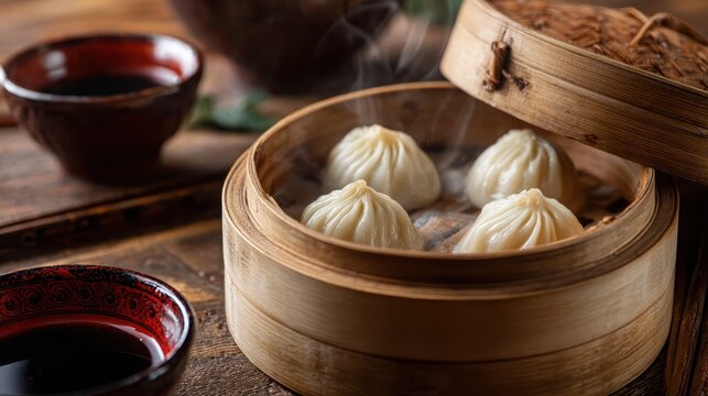 Steaming Delight: A culinary close-up showcasing a bamboo steamer overflowing with succulent dumplings. A visual ode to food artistry and the simple pleasure of steaming cuisine.