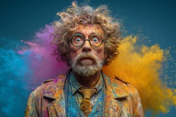 Eccentric scientist with surprised expression in glasses, covered in vibrant colorful powder, standing against dark background with equations and scientific elements.