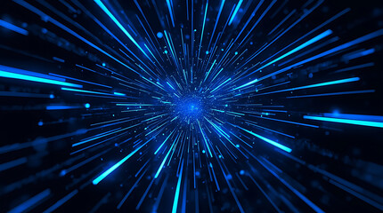 Fototapeta premium Abstract Digital Blue Light Speed Lines with Glowing Particles and a Central Burst Point Represents Futuristic Technology