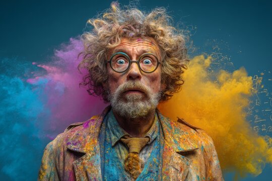 Eccentric scientist with surprised expression in glasses, covered in vibrant colorful powder, standing against dark background with equations and scientific elements.