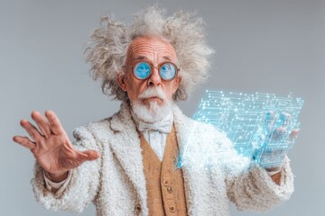An eccentric professor with wild hair uses holographic technology to access cutting-edge data, demonstrating advanced future technology with a whimsical yet serious demeanor.