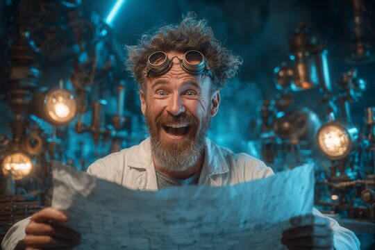 Excited steampunk inventor in his laboratory, wearing goggles and holding a blueprint, surrounded by intricate machinery and glowing lights, a eureka moment. - Powered by Adobe